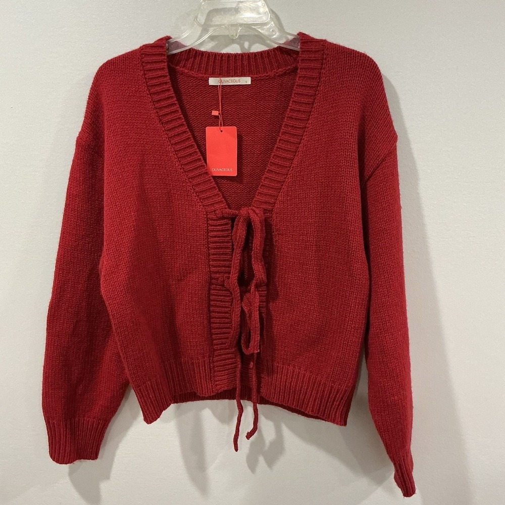 Olivaceous Women Ginger Red Long Sleeve Knit Bow Tie Cardigan Sweater Top Small